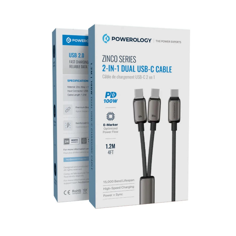 کابل شارژ PD و فست 1.2 متری Powerology Type-C to Type-C &Type-C مدل PWDC100DGY 100Wکد1628044